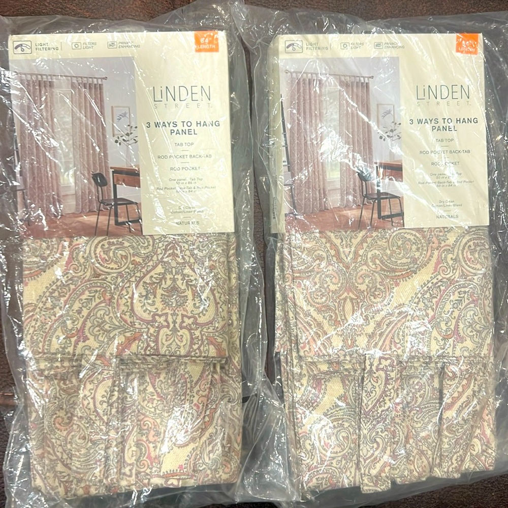 NWT (2) 84” Linden Street Cream/Pink/Gray Paisley Boho light filtering Curtains